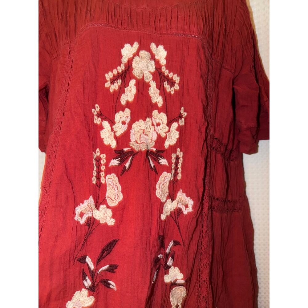 Free People Embroidered Cotton Gauze Boho Mini Dress Large Rust Red - Picture 2 of 7